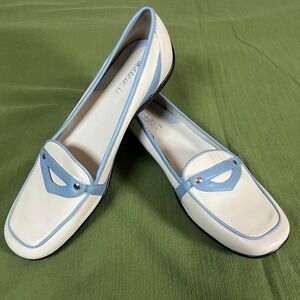 Michelle D Lexa Cream Blue Leather Penny Loafers Square Toe Flats Womens 8.5 M